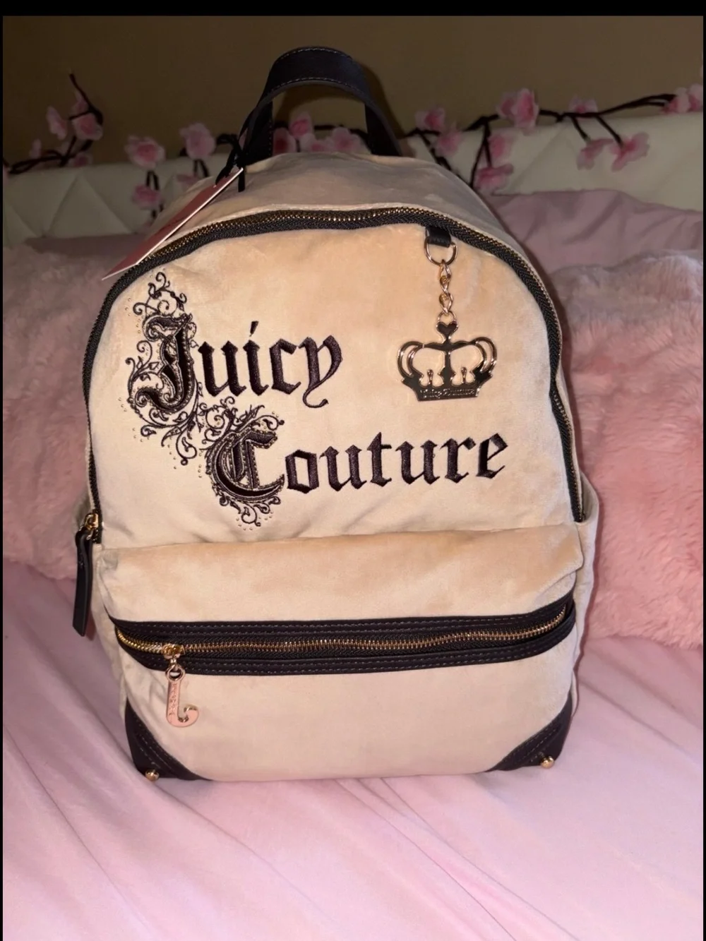 Juicy Couture Beige Pink Velvet Backpack with Black Embroidery & Gold Hardware